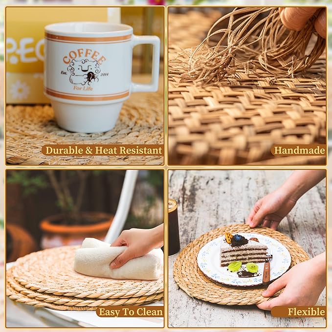 Defined Deco Woven Placemats Set of 6,13" Round Rattan Placemats,Natural Hand-Woven Water Hyacinth Placemats,Farmhouse Weave Place Mats,Rustic Braided Wicker Table Mats for Dining Table,Home,Wedding.