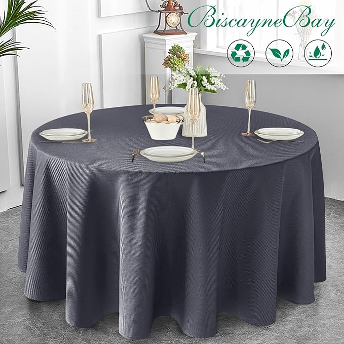 Biscaynebay Textured Fabric Round Tablecloths 108", Dark Grey Water Resistant Washable Table Cloth Circle Folding Table Covers Linen for Dining, Kitchen, Wedding, Parties etc