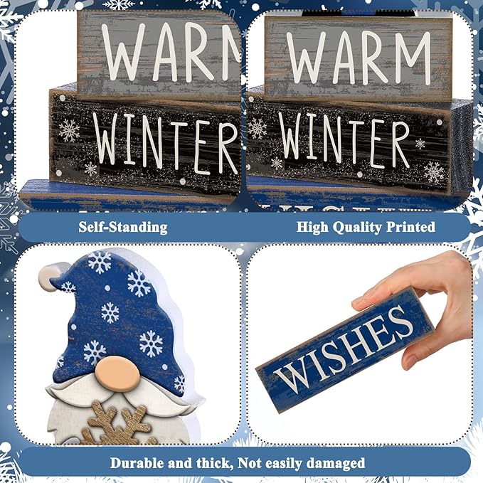 4 Pcs Christmas Table Decorations Wooden Gnome Decor Winter Tiered Tray Decor Christmas Centerpiece Rustic Decorative Gnome Snowflake Block Sign Gift Farmhouse Xmas Signs for Home Kitchen