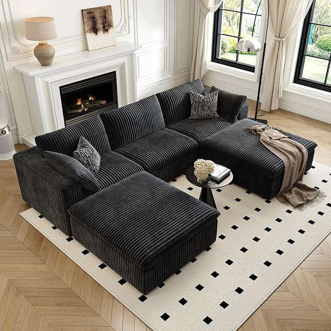 118" Cloud Couch Modular Sectional Sofa for Living Room,Modern Sofa with Deep Seat,U-Shape Boneless Couch with 2 Ottoman,Comfy Upholstered Corduroy Couches for Apartment, Studio, Office,Bedroom,Black