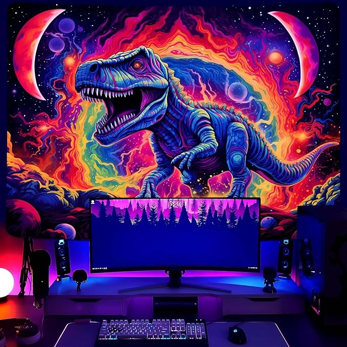 Dinosaur Wall Art, Blacklight Posters for Boys Room, UV Tapestry for Bedroom, Trippy Kids Wall Hanging, Dino Wall Decor (29x37in)