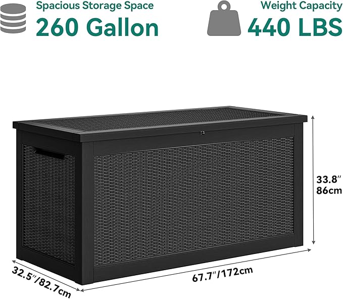 YITAHOME 260 Gallon XXL Large Deck Box, Outdoor Resin Storage Box, Lockable Storage Container for Patio Cushions, Furniture, Garden Tools, Water Resistant (Black)