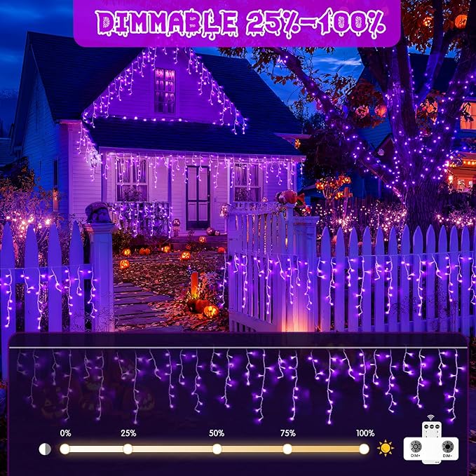 JMEXSUSS Purple Halloween Lights Outdoor, 800 LED Purple Icicle Lights Outdoor Waterproof, 8 Modes String Light Plug in for Fireplace Tree Garden Patio Halloween Decor