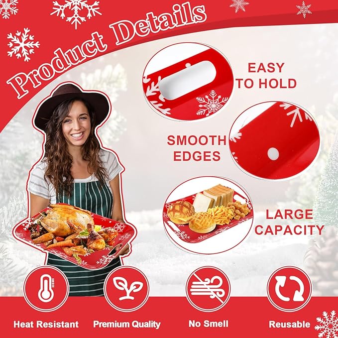 2Pcs Winter Serving Trays 16.1 x 11.1 Inch Large Melamine Christmas Trays Platters with Handles Rectangular Snowflake Melamine Dish for Serving Food Outdoor Dinner Dessert Plates Party Decorations