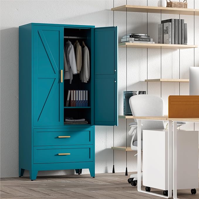 71'' Farmhouse Metal Wardrobe Cabinet with Hanging Rod, 2 Barn Door Wardrobe Closet with Adjustable Shelves,2 Drawer,for Dining Room,Bedroom,Living Room, Cloak Room,Office (Peacock Blue)