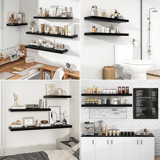 RICHFOCUS 72Inch Floating Shelves for Wall 1 Pack Shelves for Bedroom|Kitchen|Bathroom Wall Mounted Rustic Wood Floating Shelf with Invisible Brackets for Books|Storage|Decor, Black