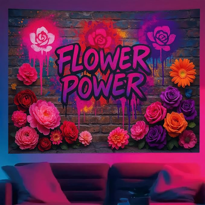 Starlit Patio Flower Power Blacklight Tapestry UV Reactive Wall Hanging Graffiti Brick Wall Roses Spray for Bedroom Dorm Living Room Glowing Retro Aesthetic Decor Fluorescent Trippy Poster 78 x 59 Inc