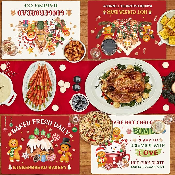 Gingerbread Christmas Placemats Set of 6 Gingerbread Candy Plastic Table Mats Hot Cocoa Place Mats Xmas Gnome Tree Washable Table Decoration for Indoor Outdoor Party Kitchen Dining