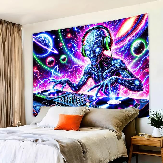 BlissYard Blacklight Cool Alien Tapestry UV Reactive Tapestry 78x59 Inch Black Light Galaxy Planet Tapestry Glowing Tapestry Large Neon Tapestry Wall Hanging for Home Living Room Bedroom Decor
