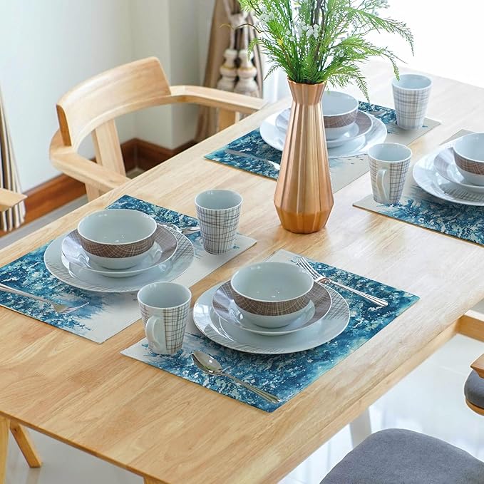 Blue Christmas Placemats Set of 4 Teal Winter Watercolor Tree Snow Theme Place Mats 12x18 Inch Xmas Holiday Washable Table Mats for Home Party Kitchen Dining