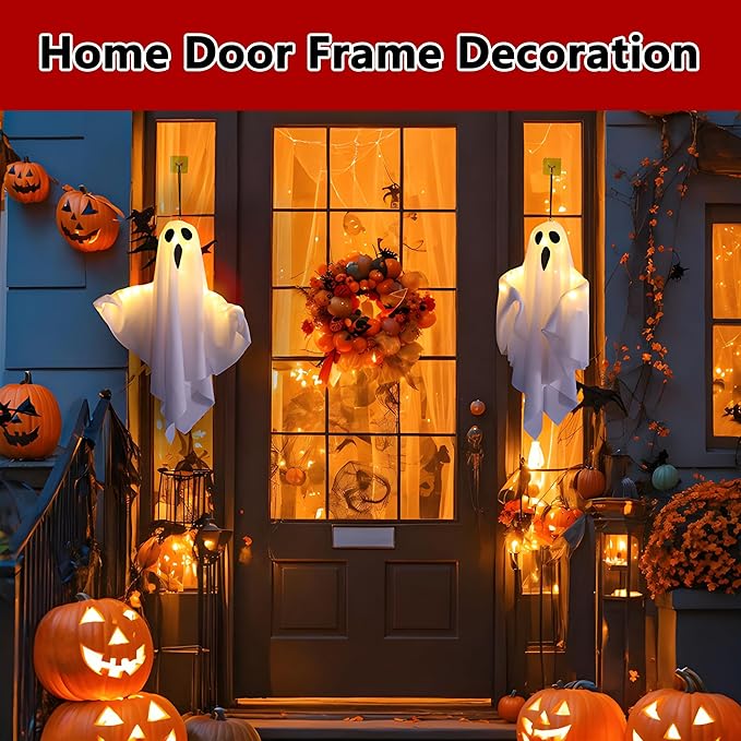 Halloween Light-up Ghost Decorations,Halloween Hanging Flying Ghosts with String Lights,Battery Operated Light up Spooky Ghosts Ornaments for Front Yard, Patio, Lawn, Garden, Party, 19.6 Inch, 2 Pack