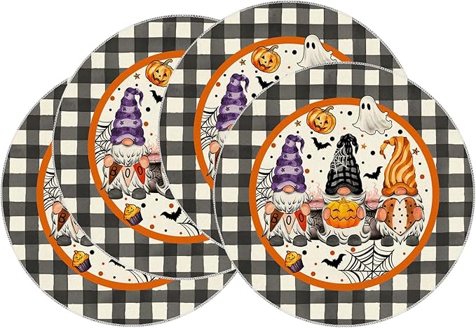 XCHI Spooky Boo Plaid Gnome Halloween Round Placemats Set of 4 Table Mats for Party Home Kitchen Dining Table Decorations 14x14 Inch