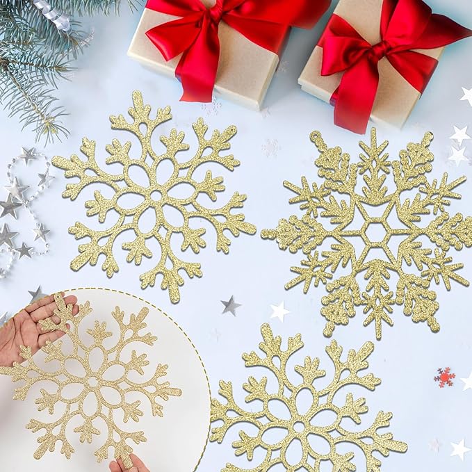 6pcs Large Gold Snowflakes Ornaments 12" Big Plastic Glitter Snowflake for Winter Indoor Outdoor Christmas Tree Window Room Decorations Giant Craft Snowflakes