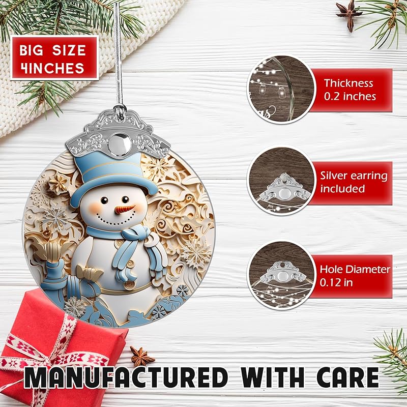 2025 Christmas Ornament, Stained Glass Effections, Christmas Tree 4 Inch Acrylic Ornament Art, White Elephant Gifts Car Interiors Decors, Christmas Decor (Blue hat Snowman)