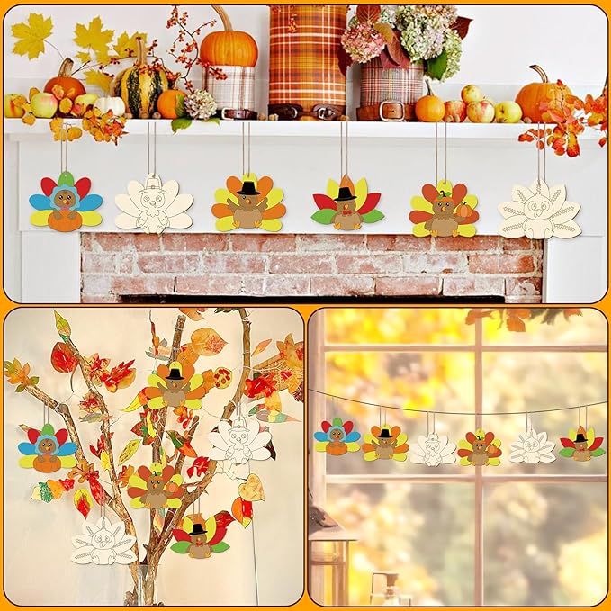 24 PCS Unfinished Wooden Thanksgiving Crafts, Turkey Shaped Hanging Ornaments DIY Wood Craft Cutouts for Thanksgiving Party Decor (Turkey)
