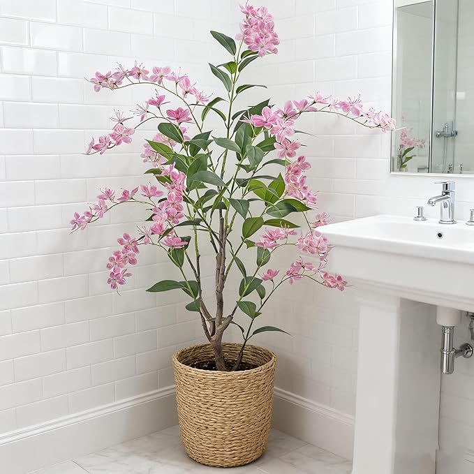 Artificial Jasmine Tree 5ft Beige Flower Pot Fake Plants, Lifelike Artificial Trees with Natural - Looking Blooms, Perfect for Any Space