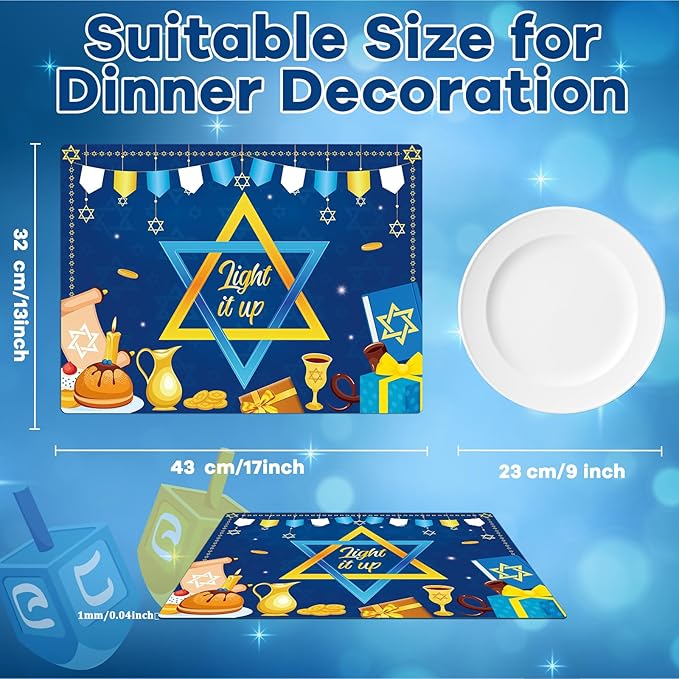 Hanukkah Placemats Set of 6 Festival of Lights Table Mats Plastic Passover Recyclable Place Mats Washable Holiday Table Decoration for Indoor Outdoor Hanukkah Party Kitchen Dining