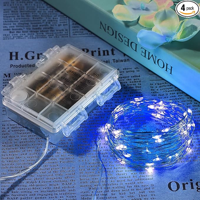 4 Pack 65.6 Ft. Battery Operated Outdoor String Lights with Remote & Timer, LED Blue Fairy Lights, Waterproof Twinkle Lights for Bedroom, Dorm, Mason Jar, Wedding, Party, Christmas