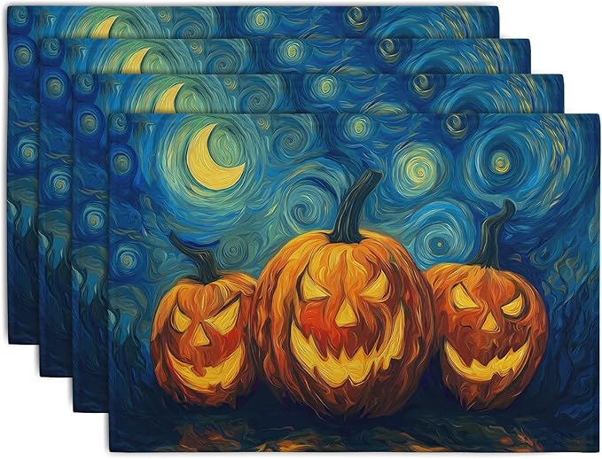 Halloween Placemats Set of 4 Pumpkin Vincent Van Gogh Starry Night Art Linen Table Mats 12x18 Inch Jack O Lantern Farmhouse Place Mats for Party Kitchen Dining Outdoor Indoor Decor
