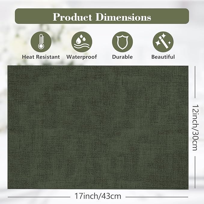 Faux Leather Placemats Set of 6,Heat Resistant Placemats for Dining Table, Easy Clean Non-Slip Place Mats, Waterproof Stain Resistant Wipeable Washable PU Table Mats, (Dark Green)
