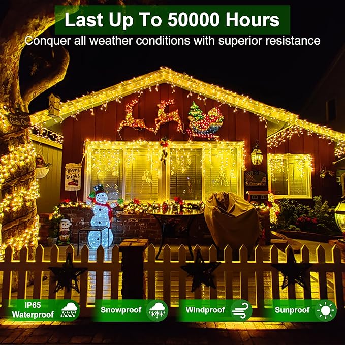 612 LED 60FT Icicle Christmas Lights - 136 Drops Waterproof 12 Modes Memory Timer, Outdoor Hanging Roof Lights for Eaves Gutter Xmas Tree Holiday Decorations Warm White