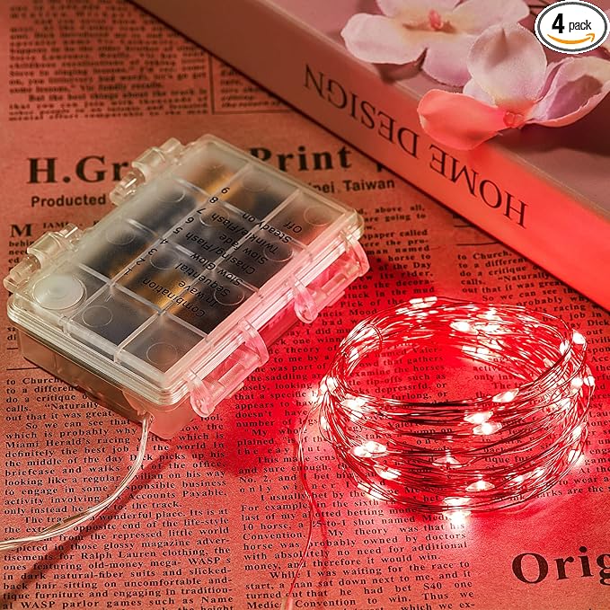 4 Pack 65.6 Ft. Battery Operated Outdoor String Lights with Remote & Timer, LED Red Fairy Lights, Waterproof Twinkle Lights for Bedroom, Dorm, Mason Jar, Wedding, Party, Christmas