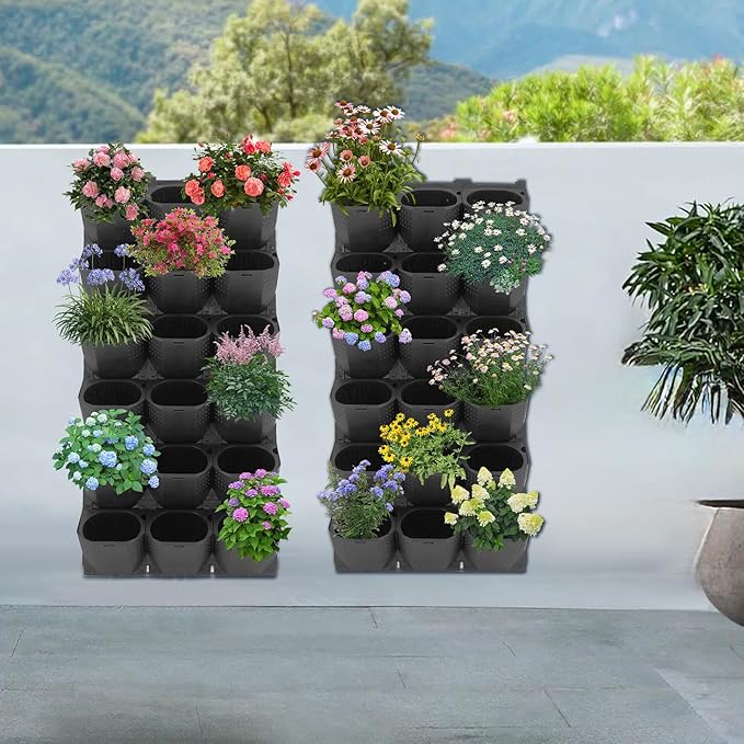12Pieces 3-Pot Wall Planter Vertical Garden Plant Walls Wall Mounted Vertical Planter with Water-Storage Layer Stackable Wall-Mounted Flower Pot for Gardens, Balconies 180.78lbs Total Capacity (Black)