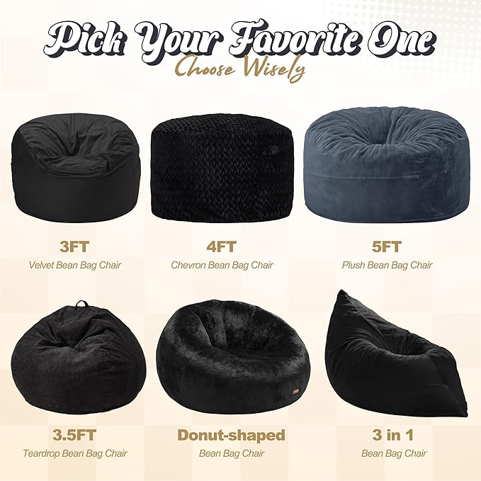 Hobestluk 3 in 1 Bean Bag Chair Giant Bean Bag Chairs for Adults with Velvet Cover Convertible Bean Bag Floor Cushion with Machine Washable Cover for Living Room (Velvet Black)