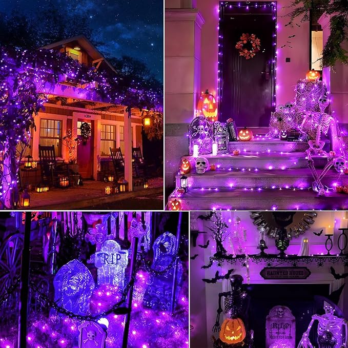 Halloween Purple Lights Decorations, 2 Pack 17FT 100 LED Mini Fairy Lights Battery Operated with 8 Modes Timer Waterproof for Indoor Outdoor Use, Patio Tree Holiday Party Halloween Decor