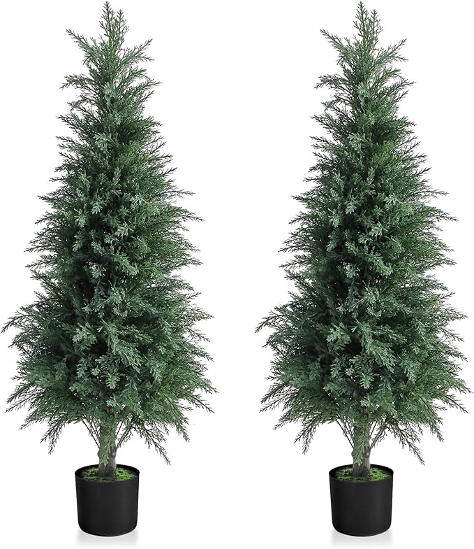 Artificial Cedar Topiary Trees 4FT Set of 2 Lifelike Faux Evergreen Cypress Bushes UV Resistant Outdoor Christmas Trees Realistic Potted Plants for Indoor Outdoor Decor