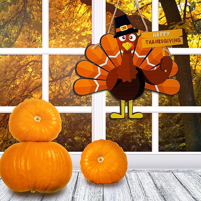 Thanksgiving Turkey Wooden Door Sign Hanging Turkey Art Door Decor Thanksgiving Turkey Wall Art Hanging Rustic Plaque for Thanksgiving Day Party Front Door Home Office Decoration, 11.4 x 8.3 Inch