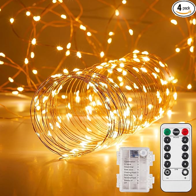 4 Pack 65.6 Ft. Battery Operated Outdoor String Lights with Remote & Timer, LED Warm White Fairy Lights, Waterproof Twinkle Lights for Bedroom, Dorm, Mason Jar, Wedding, Party, Christmas