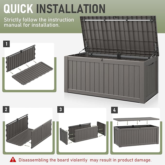 KAMABOKO Outdoor Storage Box, 120 Gallon Large Outdoor Resin Deck Box, Storage Waterproof Boxes Lockable Lid for Garden Tools, Pool Supplies, Patio Furniture and Cushions, Grey