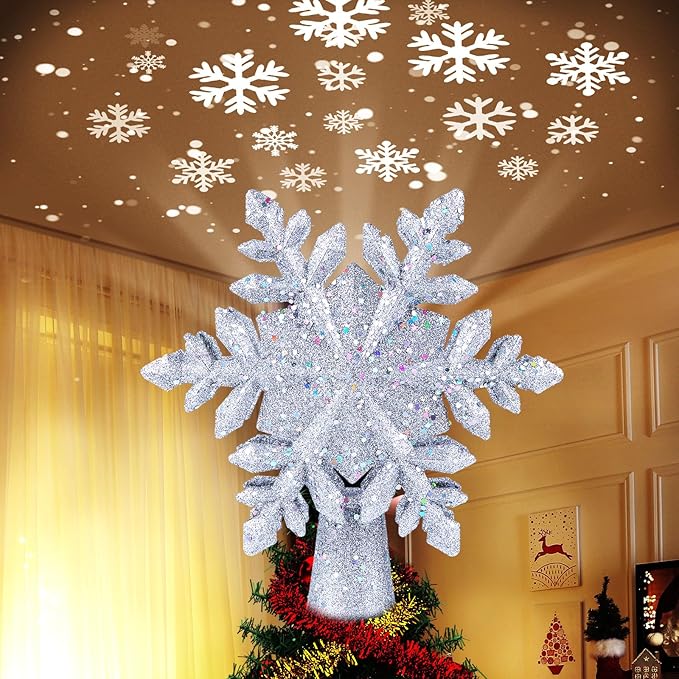 Christmas Tree Topper Lighted with Built-in Led Rotating Snowflake Projector Lights, 9.6” Hollowed Tree Topper with Silver Spangles Plug In for Indoor Home Xmas New Year Party Holiday Night Tree Decor