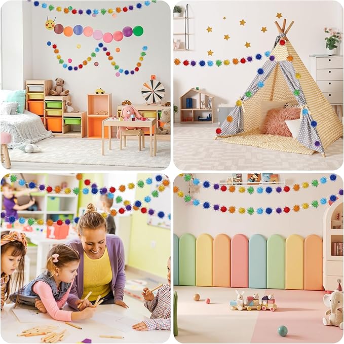4pack Rainbow Glitter Pom Pom Garland Decorations, Christmas Felt Ball Garland for Mantle, Indoor Home Decor, Tree Ornaments, Kids Room and Party Hanging