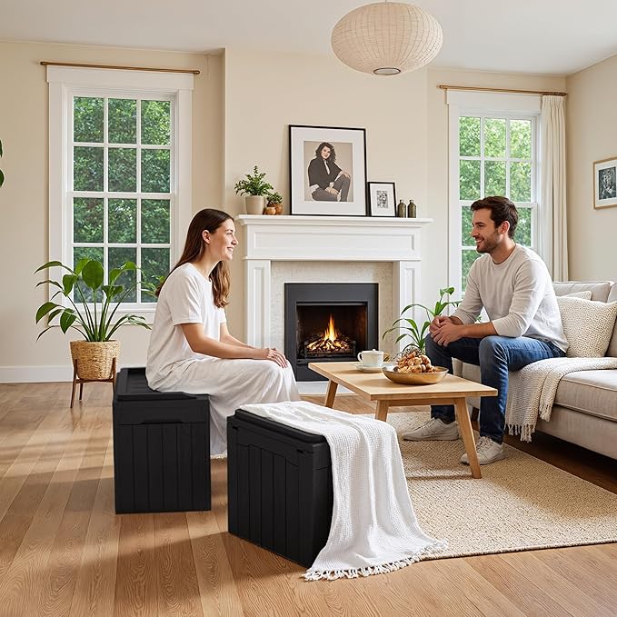 JUMMICO 31 Gallon Resin Deck Box Waterproof Indoor Outdoor Storage Boxes for Patio Furniture Cushions and Garden Tools (Black, 31gallon-2 Packs)