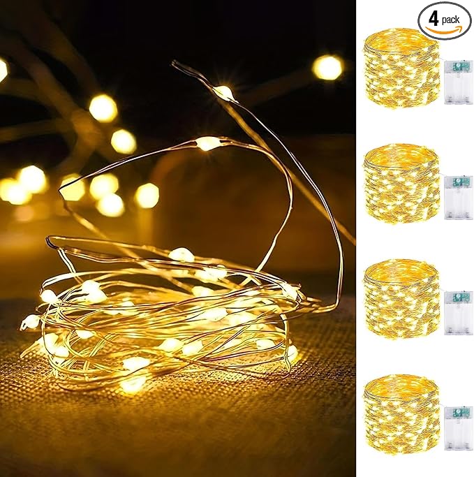 4-Pack Fairy Lights Battery Operated with Timer, Waterproof 16FT 50 LED String Lights Indoor Outdoor, Cuttable Starry Fairy Lights for Home Bedroom Classroom Dorm Wedding Christmas Decor (Warm White)