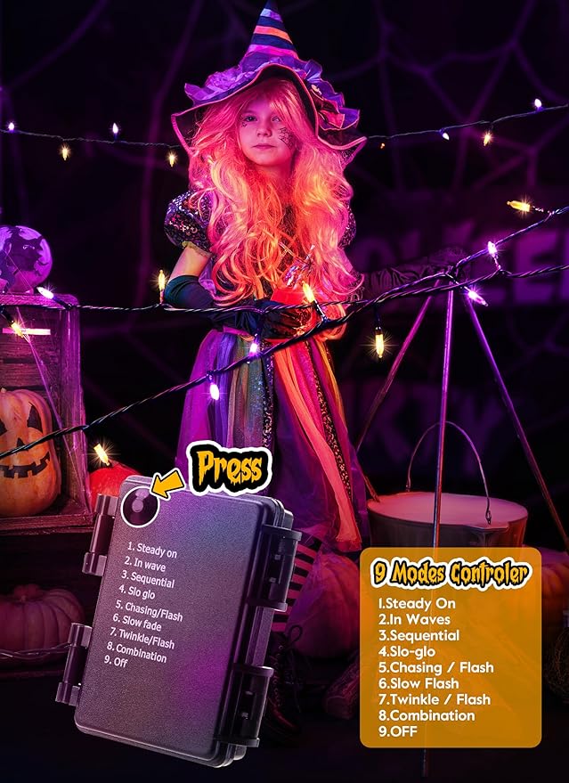 Halloween Orange Purple Outdoor Lights,17.8 Feet 50 LED Christmas Lights with 8 Modes,Waterproof Mini String Lights Battery Operated for Outdoor Indoor Use, Xmas Halloween Tree Holiday Party Patio