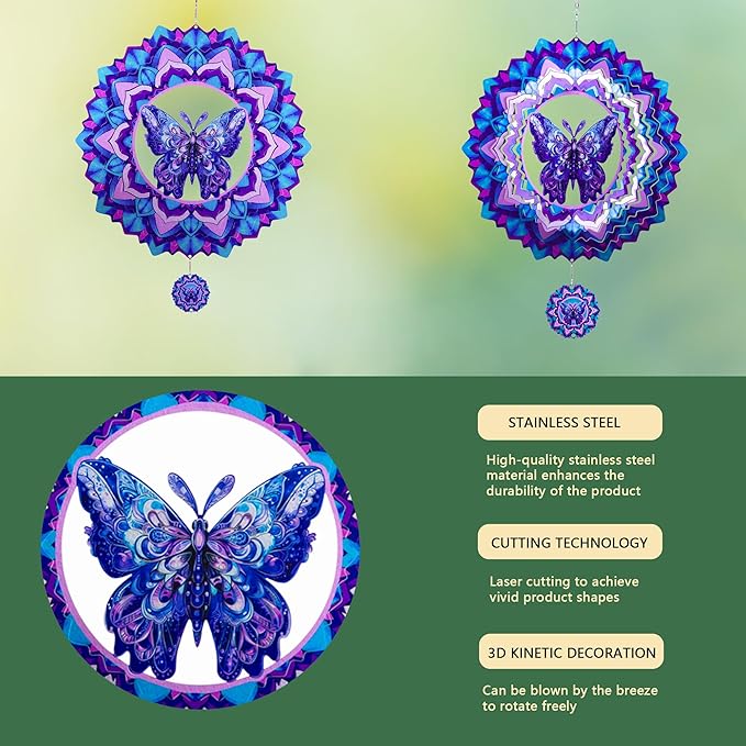 Butterfly Wind Spinner,Hanging Wind Spinners Outdoor for Garden Decoration,12 inch 3D Stainless Steel Wind Sculpture for Indoor/Outdoor Decor