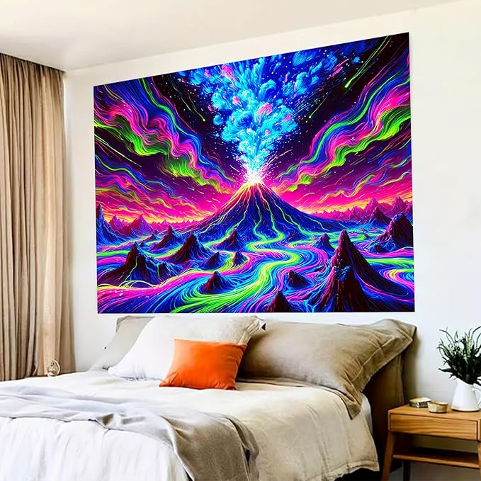 BlissYard Erupting Volcano Stream UV Black Light Tapestry 78x59 Inches Art Color Neon Light Background Bedroom Living Room Wall Party Decoration Psychedelic Lava Mountain Sky Flow Fantasy Scene