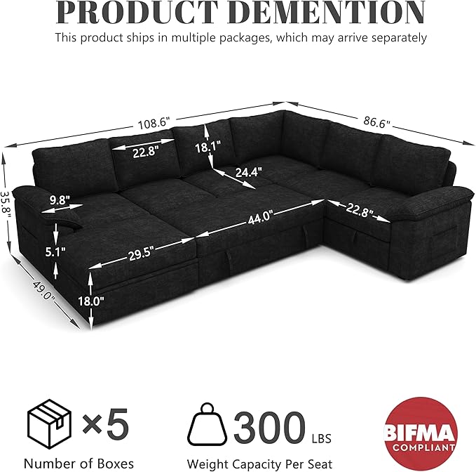 108 Inch Modular Sectional Sofa with Pull Out Bed,U Shaped 7 Seat Sectional Sleeper Sofa with Storage,Sectional Couches for Living Room,Cloud Modular Couch,Removable Sofa Cover,Black