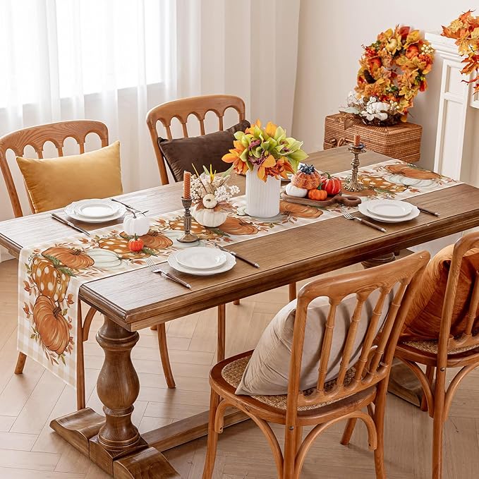 Romanstile Pumpkin Leaves Fall Table Runner, Buffalo Plaid Autumn Thanksgiving Harvest Farmhouse Style Table Decoration for Dining, Party, Holiday - 13x36 Inch, Orange
