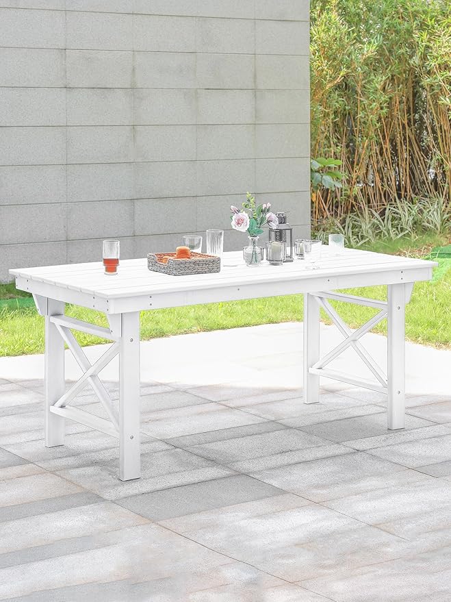 HDPE Outdoor Dining Table, 66.9” Rectangle Patio Dining Table for 6, All-Weather HDPE Outdoor Table with 2.2” Umbrella Hole, HDPE Patio Furniture for Deck, Backyard, Garden, Pool, Pearl