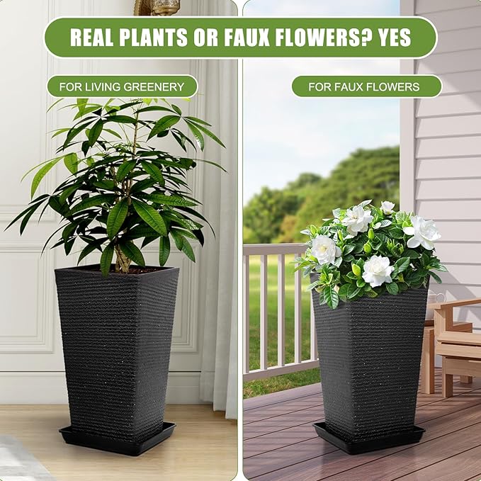 Tall Black Planter Set of 2 for Outdoor Indoor Plants,21.3in Large Tapered Plant Pots with Drainage Trays Holes,Resin Extra-Thick Flower Pots for Outdoor Patio Front Porch Backyard Decor