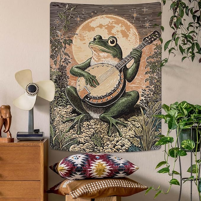 Lunerfex Moonlit Banjo Frog Wall Tapestry, Whimsical Amphibian Musician Tapestries for Room Decor, Folk Art Tapestry 44L x 60W