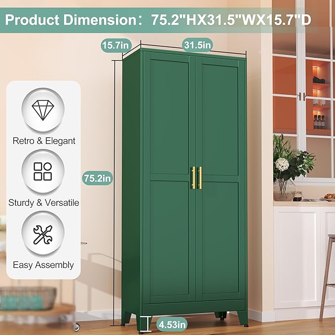 Metal Pantry Cabinet with 2 Doors and 5 Adjustable Shelves, 75" Kitchen Storage Cabinet with Gold Handles, Versatile Storage for Laundry, Living, Bathroom, Dining, Utility Room - Green