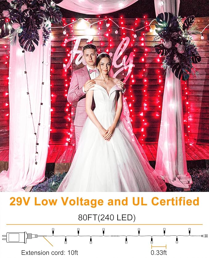 80FT 240 LED Christmas Lights, Connectable Christmas Tree Lights for Outdoor/Indoor, Waterproof & 8 Modes & Timer, Green Wire String Light for Home Garden Xmas Party Holiday Decorations, Red