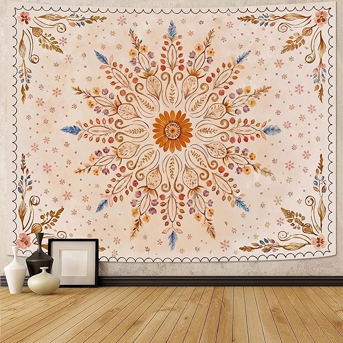 Fowocu Boho Floral Mandala Tapestry for Bedroom Aesthetic Watercolor Bohemian Flower Wall Tapestry Brown Beige Hippie Indian Large Tapestries Wall Hanging for Living Room Dorm Decor 80 x 60 Inch