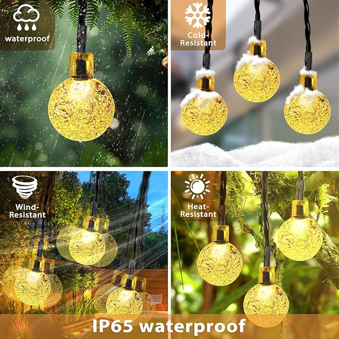 Outdoor Solar String Lights, 46FT 66LED 8Modes Crystal Solar Powered Christmas Fairy String Lights Waterproof for Outside Yard Fence Easter Holiday Party Porch Garden Decor(Warm White)