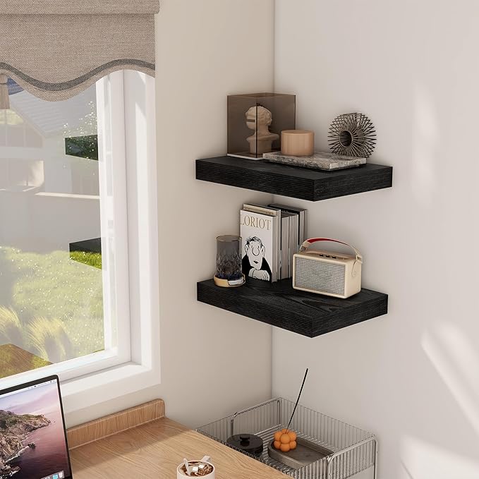 12 Inch Deep Black Floating Shelves, 16 x 12 Floating Shelf for Books, Rustic Wood Deep Wall Shelves for Home Storage & Display, 2" Thicked Shelves for Kitchen, Living Room, Bedroom, 2 Pack